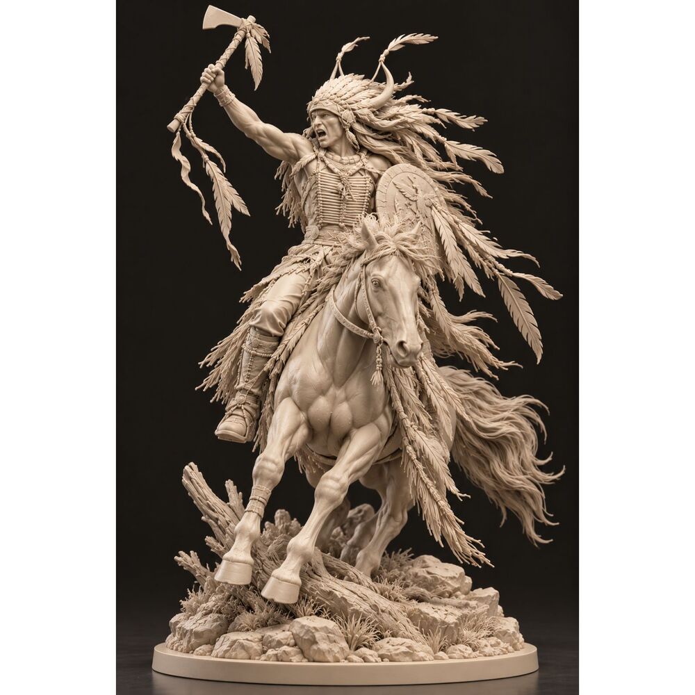 Native American Warrior on Horse Sculpture Single Color Resin Statue 10 in